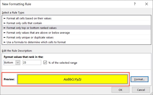 Просмотрите превью условного форматирования и нажмите OK