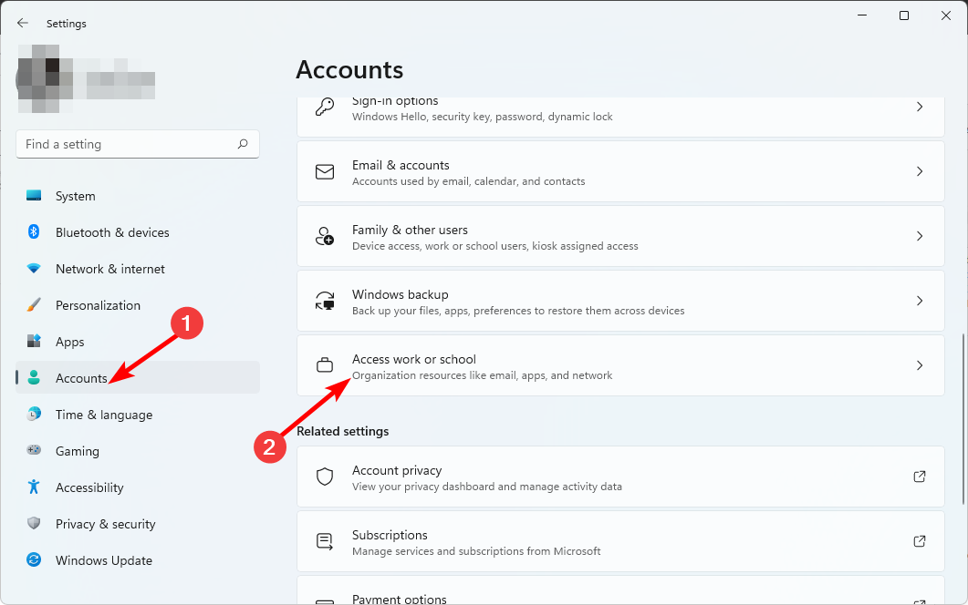 Панель «Доступ к работе или учебе» в настройках Windows