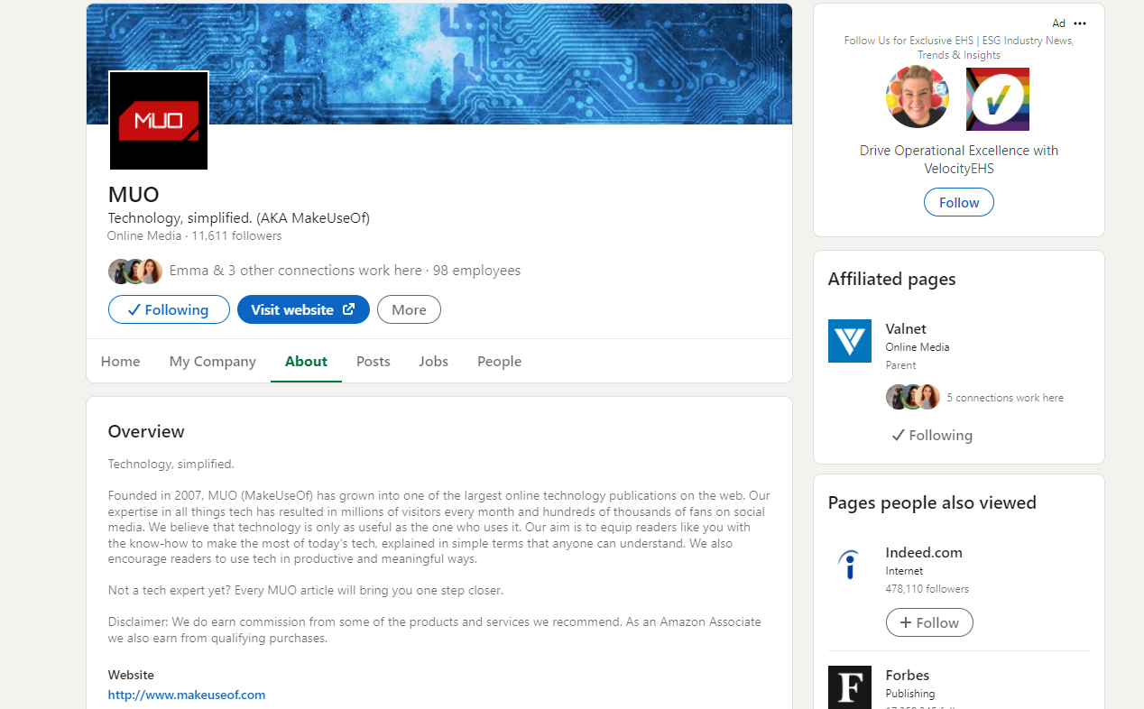 Пример раздела «О себе» в LinkedIn