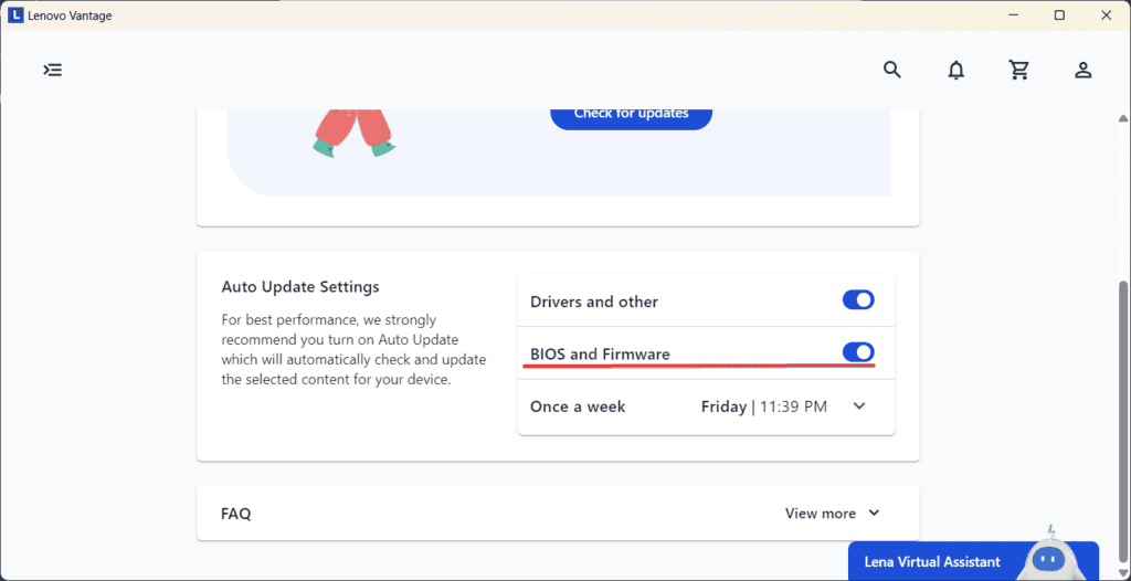 Параметры автообновлений в Lenovo Vantage