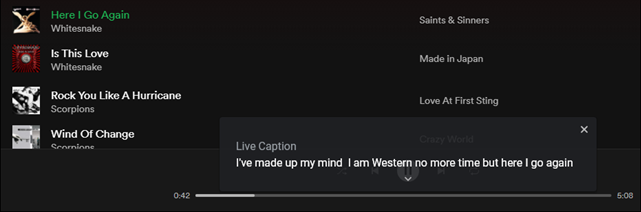 пример работы Live Caption в Spotify Web Player