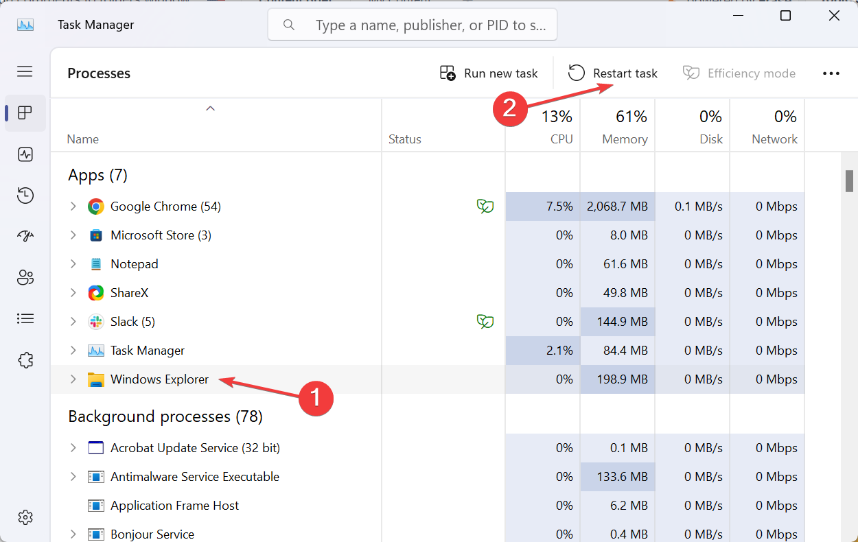 Перезапуск Проводника через Диспетчер задач
