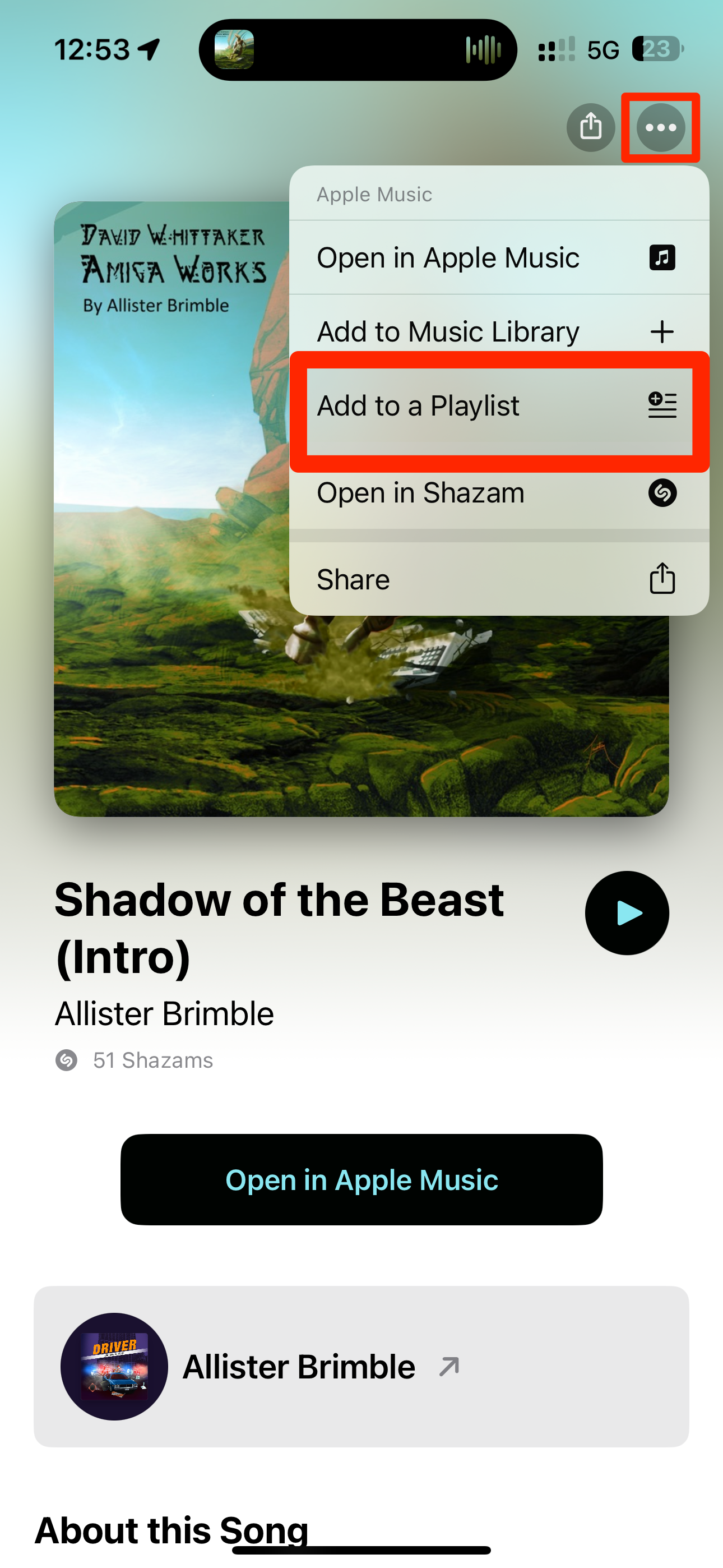 Экран с деталями распознанной песни на iPhone с выделенной опцией Добавить в плейлист.