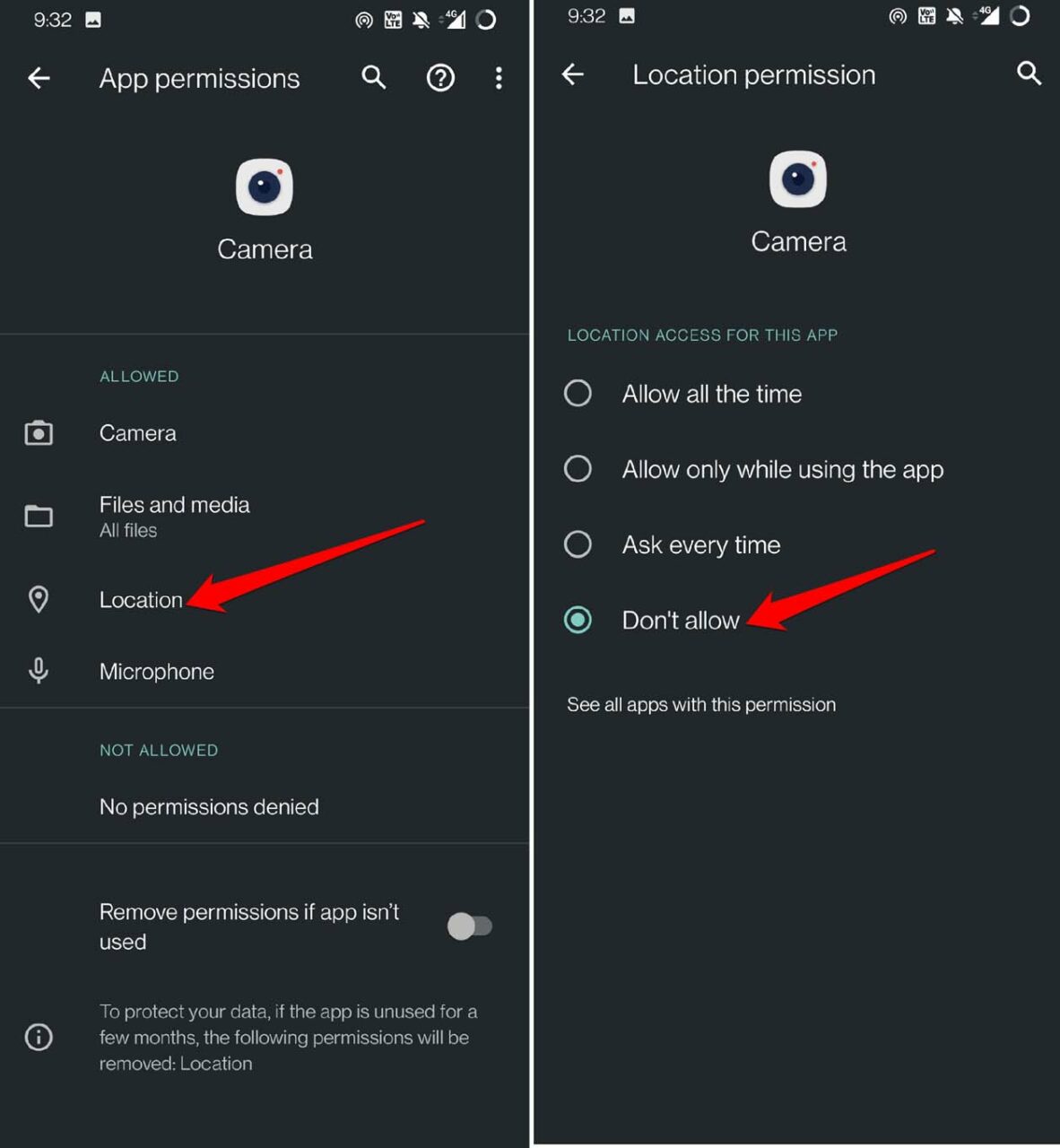 Отключить доступ к местоположению для камеры