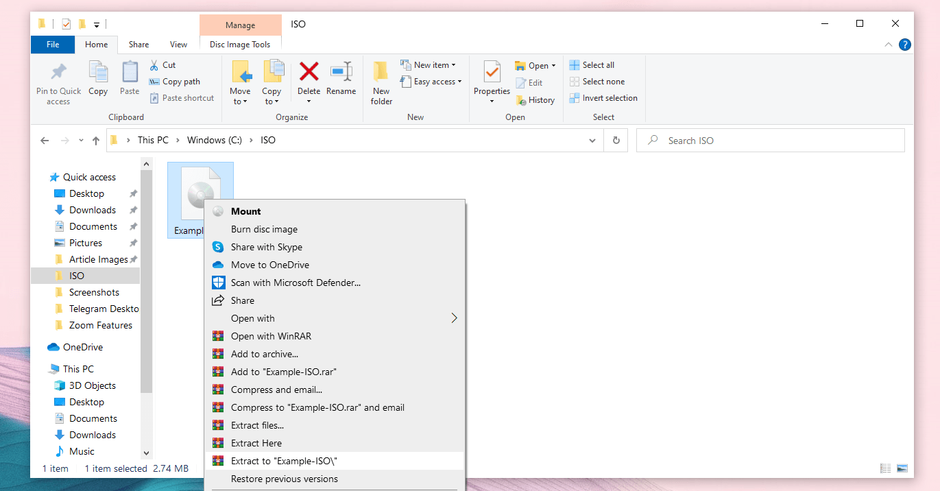 Опция извлечения ISO в WinRAR