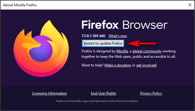 Обновление в окне «О Firefox»