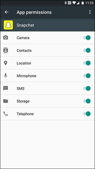 Разрешения приложения Snapchat в Android