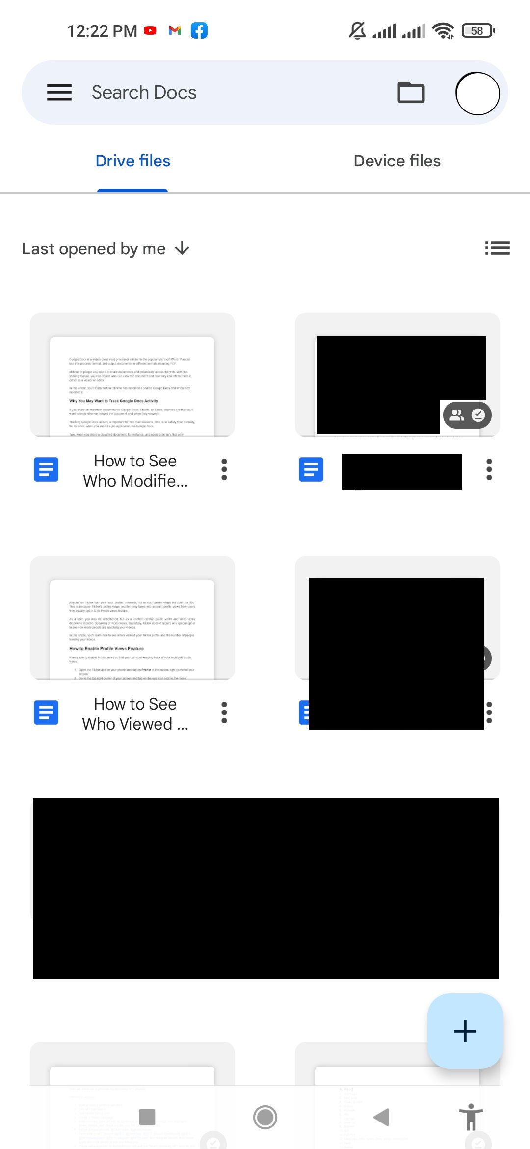Открытое окно документа Google Docs на мобильном устройстве