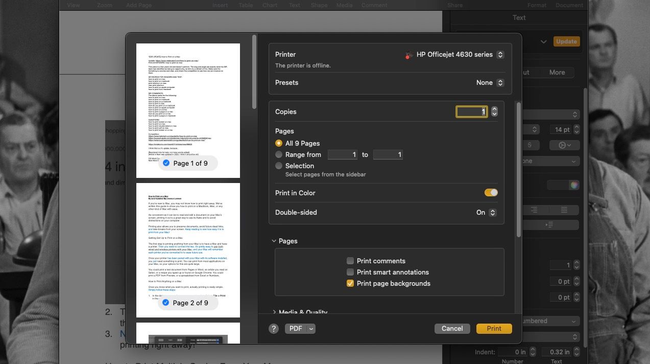 Открытое меню печати в приложении Pages на Mac