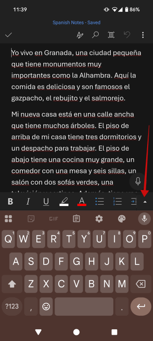 Нажатие на маленькую стрелку в меню формата в Word на Android. 