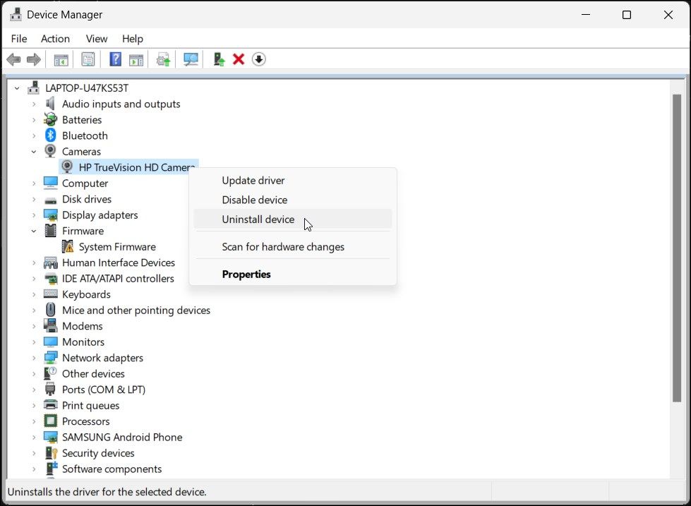 Удаление устройства камеры в Диспетчере устройств