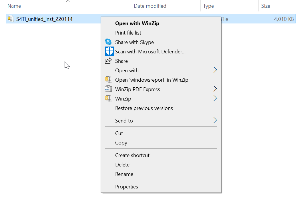 Опции файла в WinZip через контекстное меню