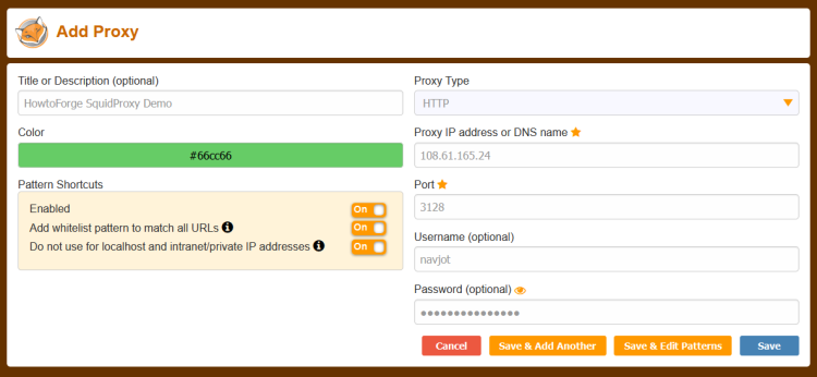 Окно добавления прокси в FoxyProxy