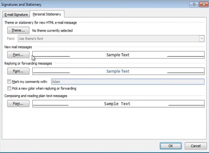 Выбор шрифта в Outlook 2003–2007