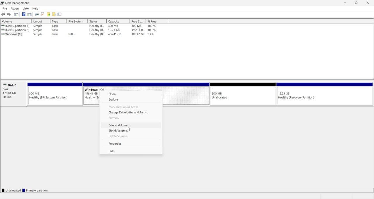 Опция расширения тома в Управлении дисками