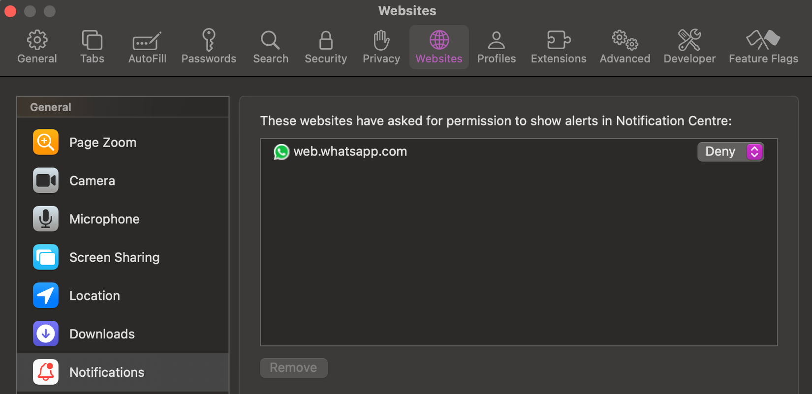 disabling notifications from WhatsApp on Safari