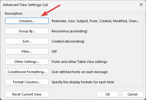 Кнопка 'Columns' в настройках вида