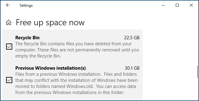Диалог удаления предыдущих установок Windows в инструменте очистки