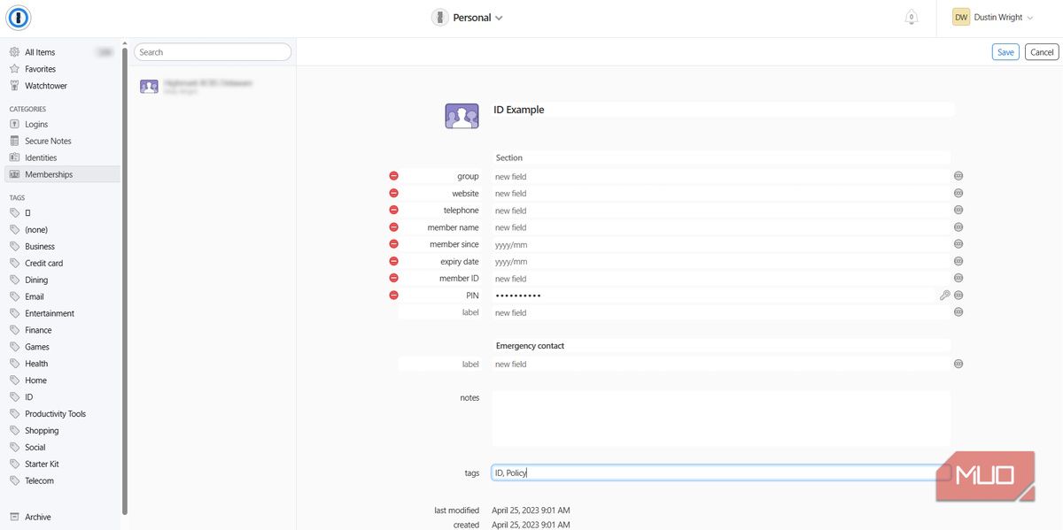 Пример добавленной карточки в 1Password