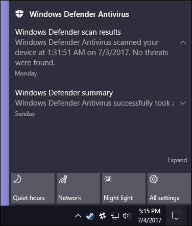 Окно Windows Defender: вкладка «Windows Defender»