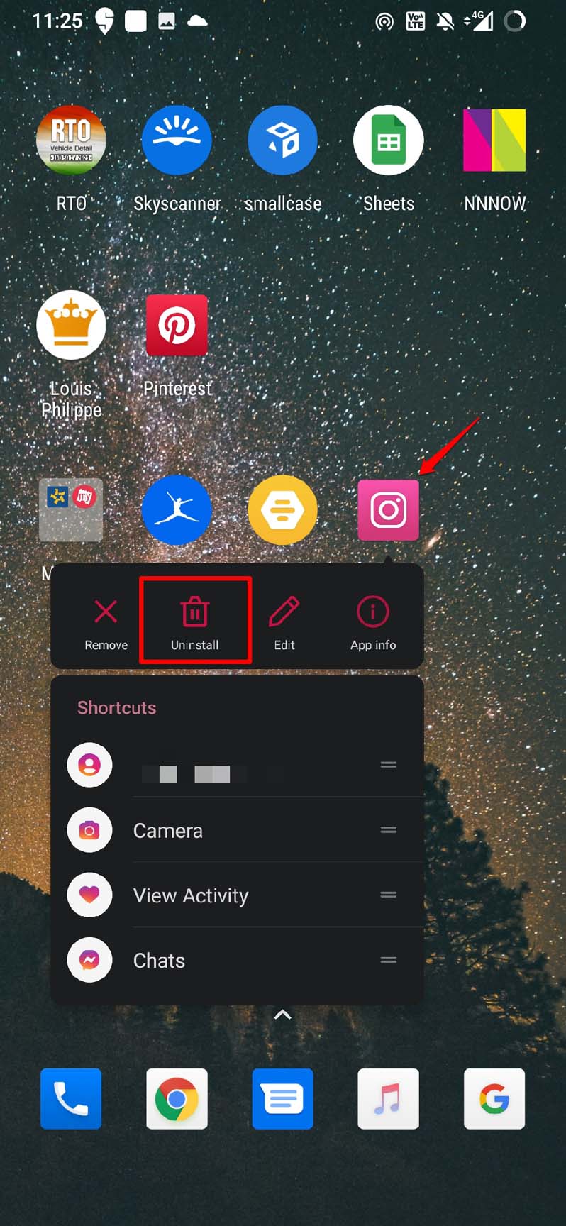 Удаление Instagram на Android