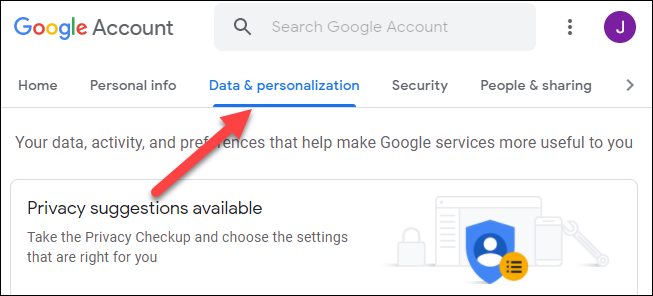 Вкладка «Данные и персонализация» в Google Аккаунт