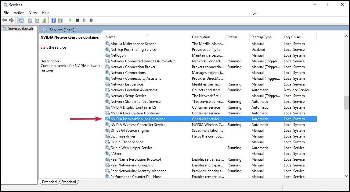 Служба NVIDIA Network Service Container