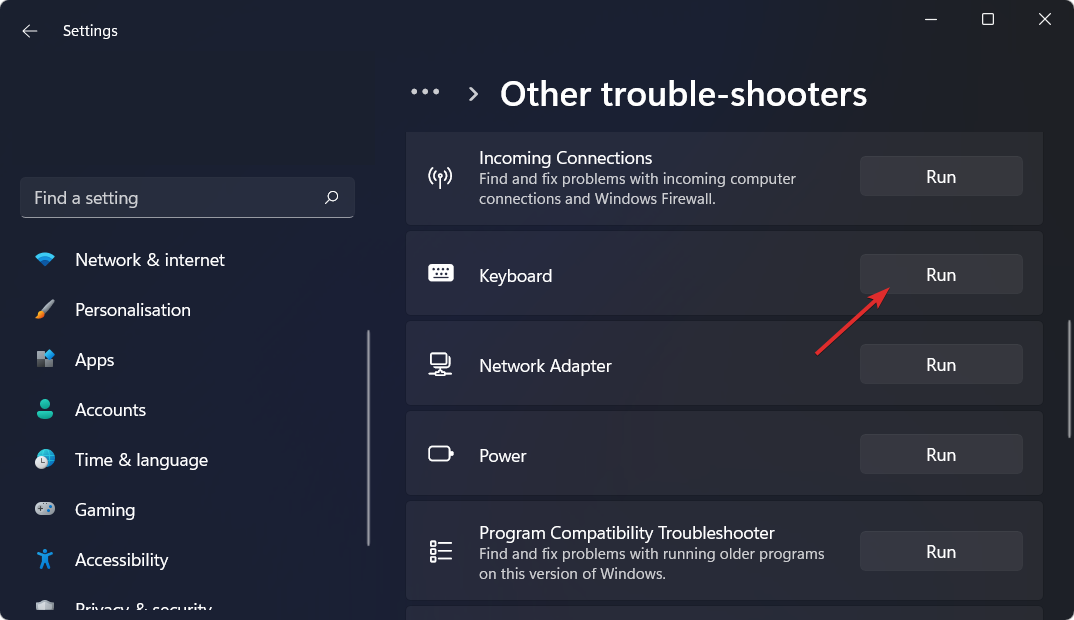 Запуск средства устранения неполадок клавиатуры