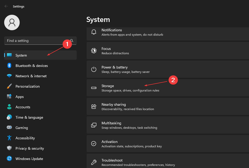 Параметр Хранилище в настройках Windows