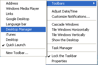 Контекстное меню панели задач с пунктом Desktop Manager