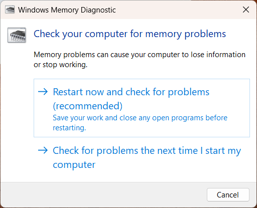 Scelta riavvio diagnostica memoria