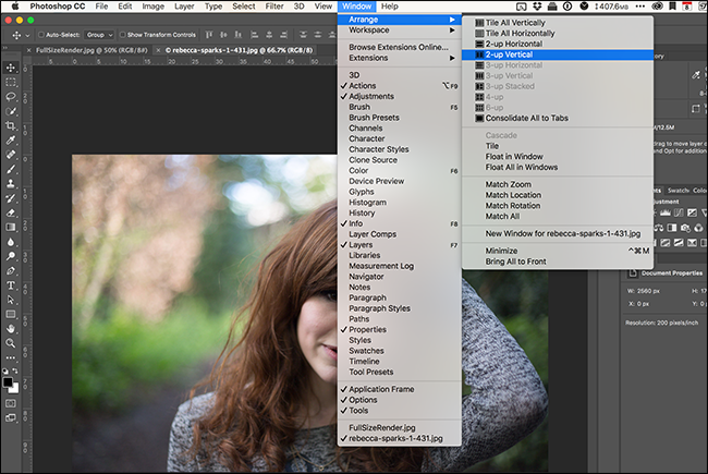 Меню Arrange для выбора 2-up