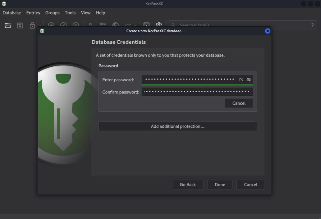 Экран генерации пароля для базы данных KeePassXC