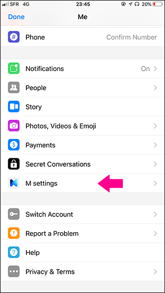 Раздел настроек M в Messenger
