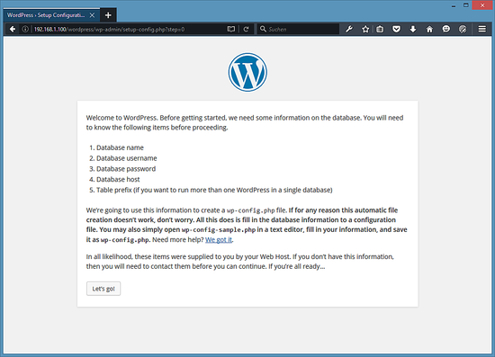 Экран приветствия установщика WordPress на выбранном языке