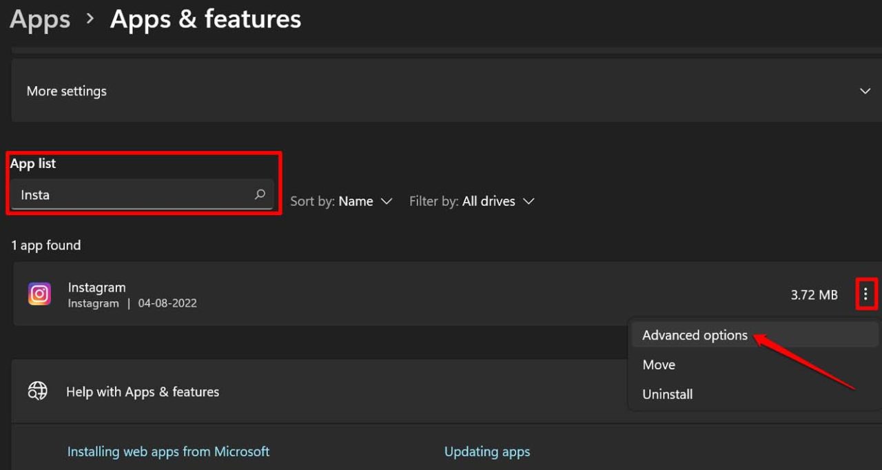 Instagram app setting Windows 11