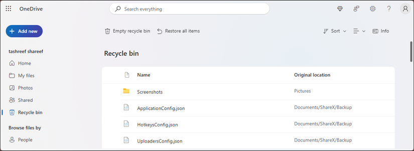 Корзина OneDrive в веб-интерфейсе с кнопкой Очистить корзину