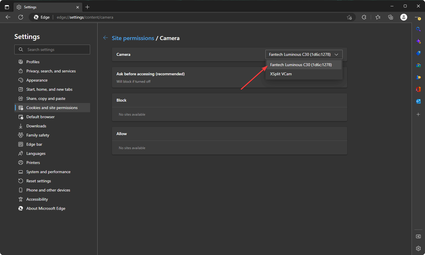 Выбор камеры по умолчанию в настройках Microsoft Edge
