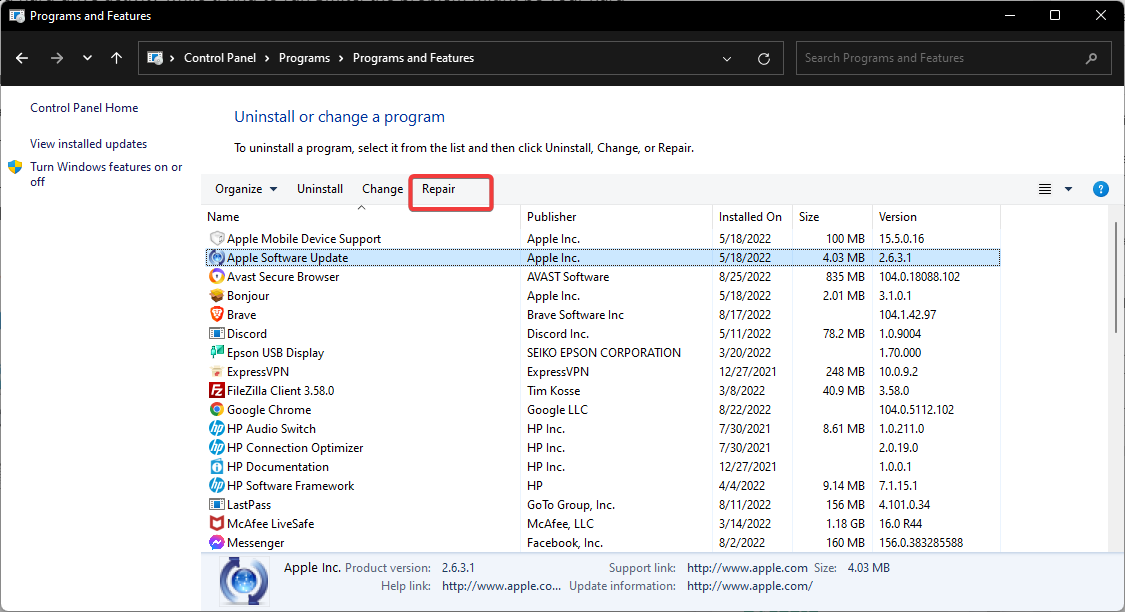 Меню 'Ремонт' для приложения Smite в панели управления