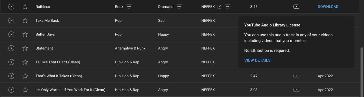 Параметры атрибуции в библиотеке аудио YouTube