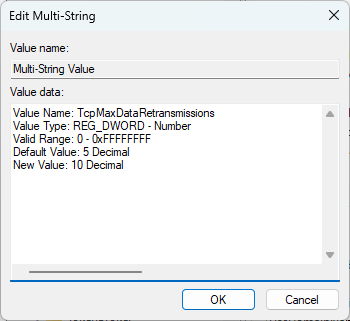 Пример значения реестра для настройки повторных передач TCP