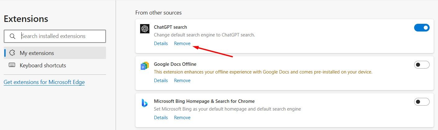 Кнопка «Удалить» на странице расширений Edge.