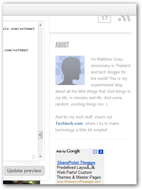 Просмотр блога с встроенным рекламным блоком в боковой панели
