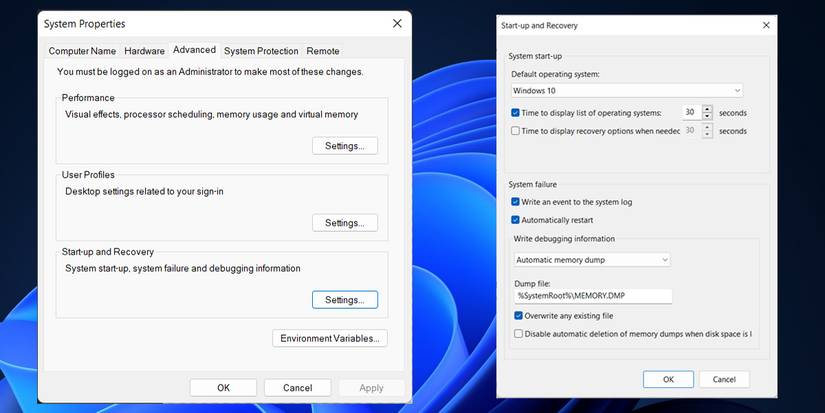 Настройки перезапуска Windows 11 в свойствах системы