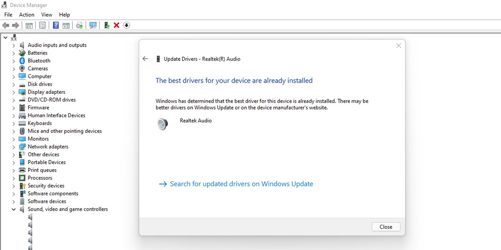 Диспетчер устройств Windows для обновления аудиодрайверов