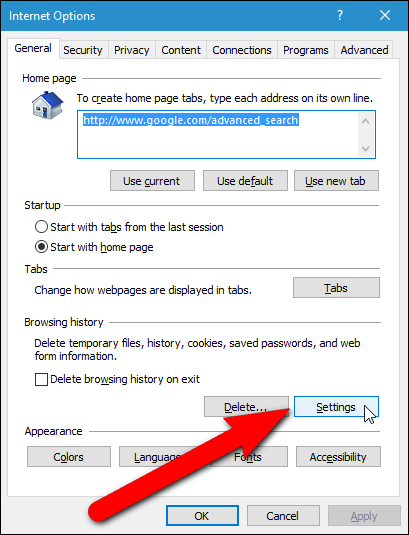Кнопка «Параметры» в Internet Explorer