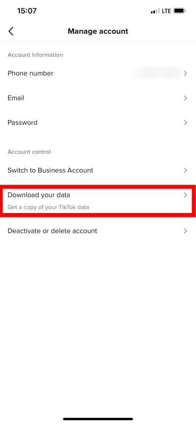 Опция скачать данные в TikTok