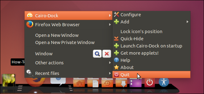 Выход из Cairo-Dock через меню Quit