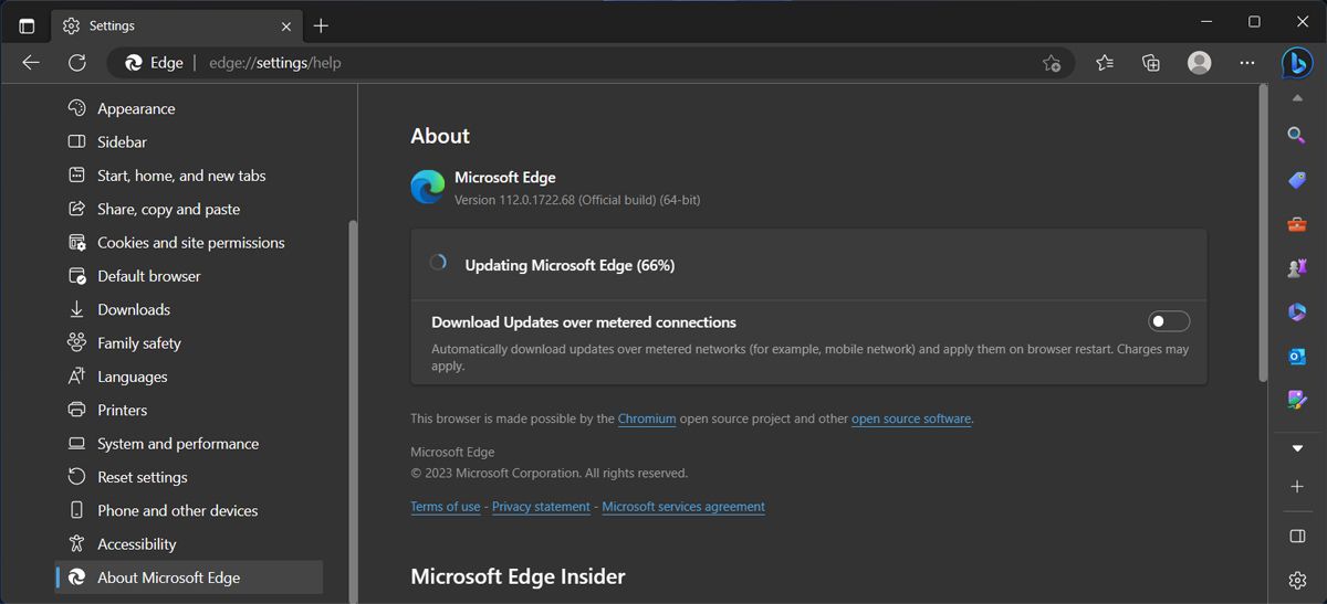 Экран обновления Microsoft Edge