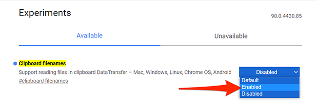 Включение Clipboard filenames в настройках экспериментальных функций Chrome